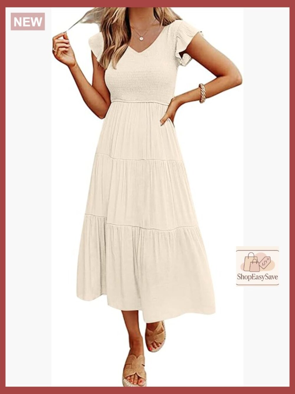Flutter Sleeve Midi Dress Smocked Tiered V Neck Casual Elegant Summer Chic